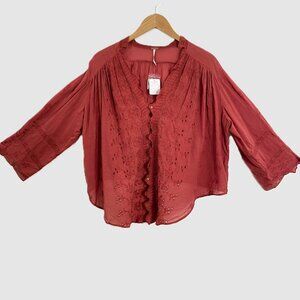 Free People Boho Peasant Embroidered Eyelet Blouse Top